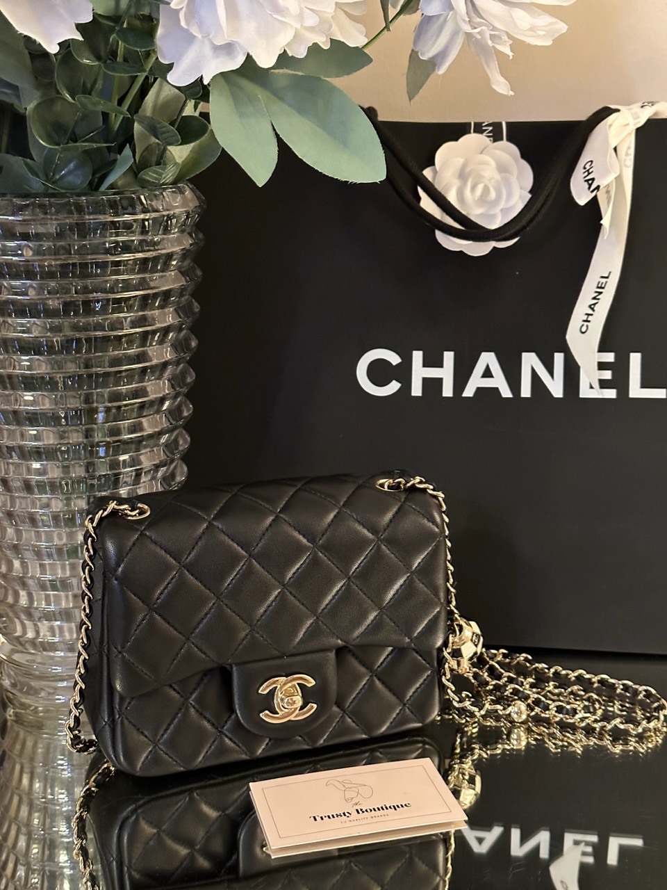 Chanel Black Quilted Leather Mini Square Pearl Crush Flap Bag Chanel