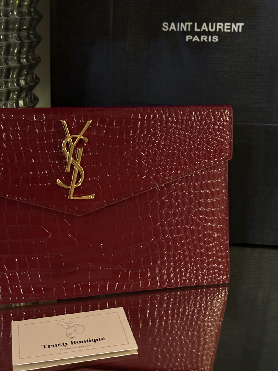 Saint Laurent Crocodile Embossed Uptown Pouch - Red