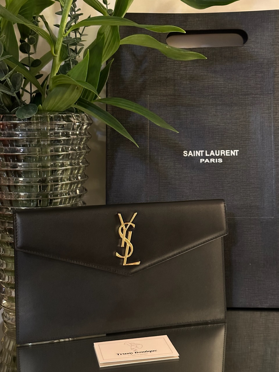 Saint Laurent Uptown YSL Pouch Wallet In Grain De Poudre Embossed Leather
