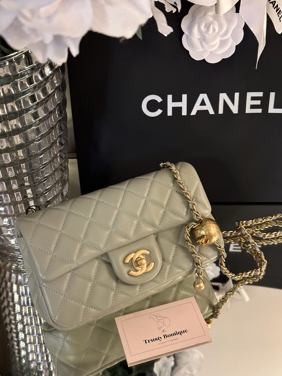 Chanel Pearl Crush Ball Mini Rectangular Flap Bag in Light Grey Gold  Hardware – Trusty