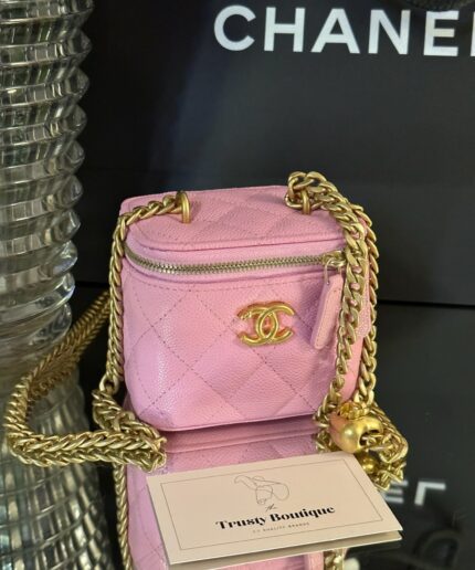 Chanel Pink Quilted Caviar Heart Crush Micro Vanity Case Gold