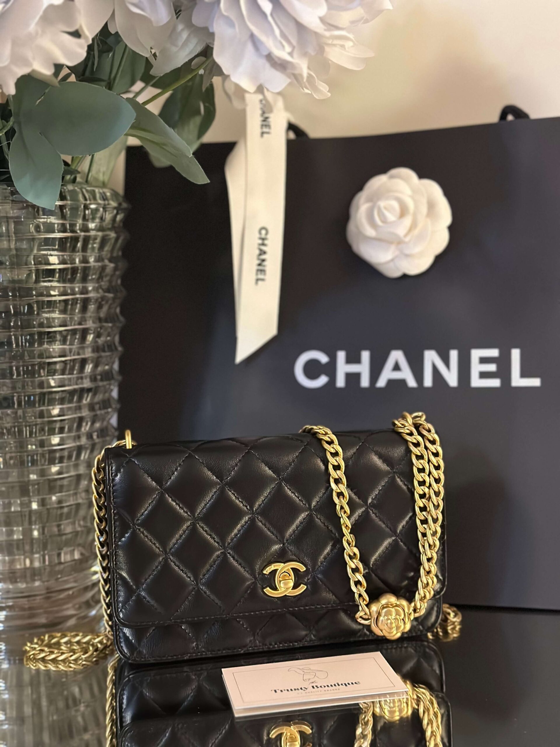 Chanel Lambskin Camellia Pearl Crush Mini Wallet on Chain Black Gold  Hardware – Trusty