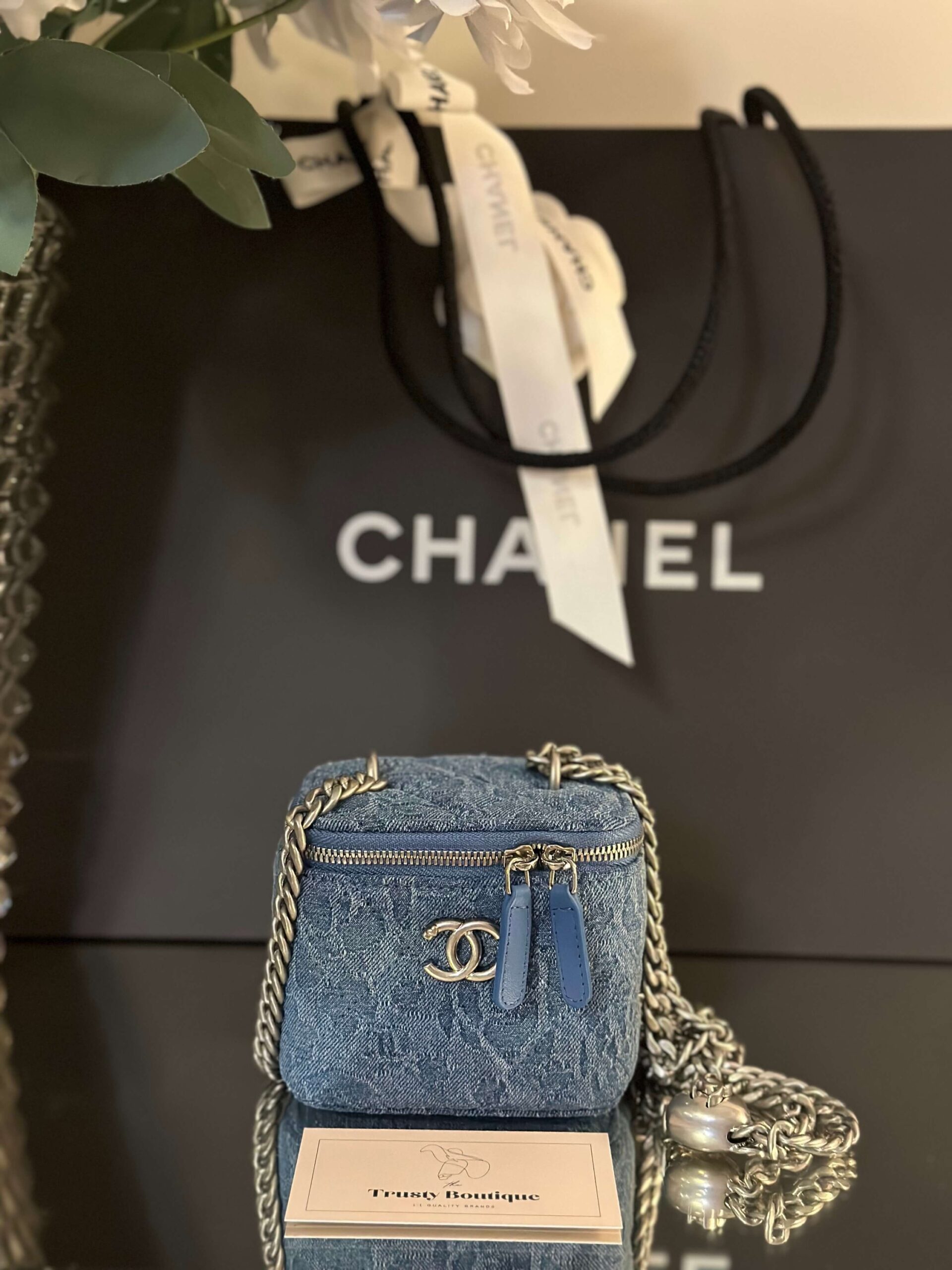 CHANEL Small Vanity Case in Pearl Chain Blue - Bellisa