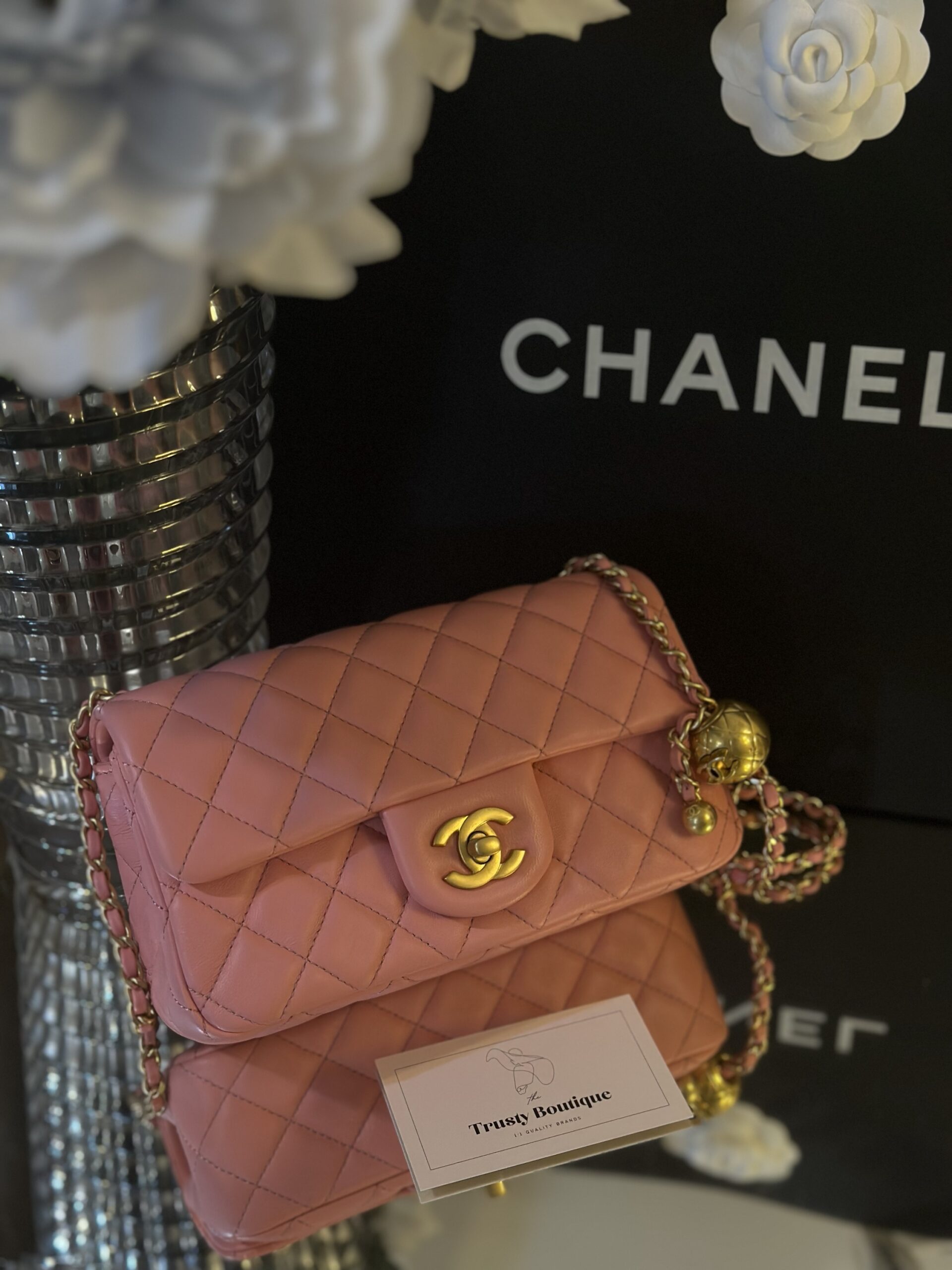CC Pearl Crush Ball Mini Rectangular Flap Bag in Pink Gold Hardware ...